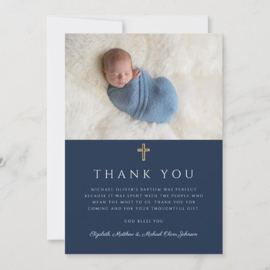 Elegantes Navy Blue Religious Boy Foto Dankeskarte (Vorderseite)
