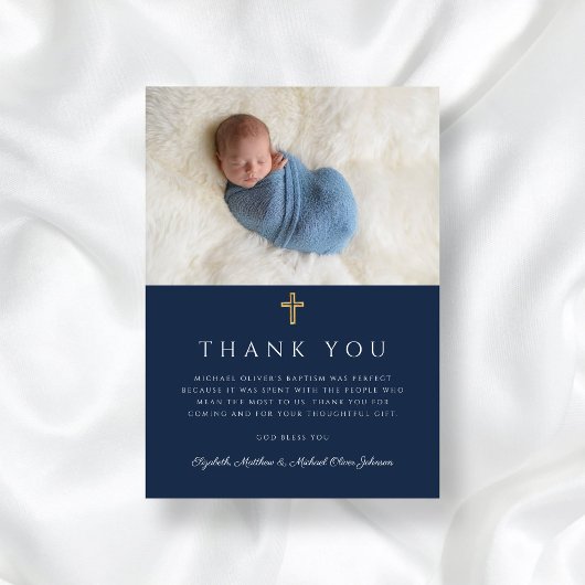 Elegantes Navy Blue Religious Boy Foto Dankeskarte