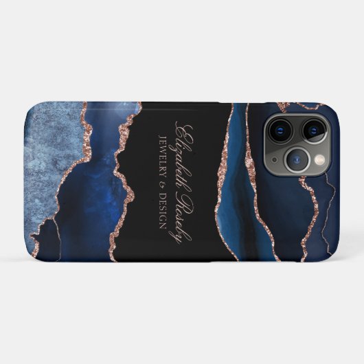Elegantes Navy Blue Rose Gold Agate Black Business Case-Mate iPhone Hülle (Rückseite (Horizontal))