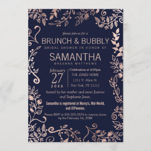Elegantes Navy Blue Rose Gold Floral Brunch Bubble Einladung
