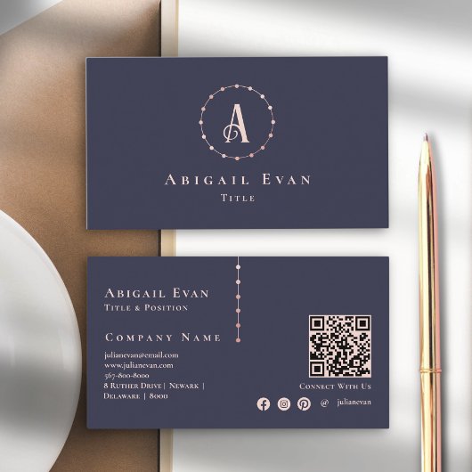 Elegantes Navy Blue Rose Gold Glitzer Monogram Visitenkarte