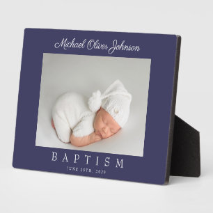 Elegantes Navy Blue Script Taufe Foto Fotoplatte