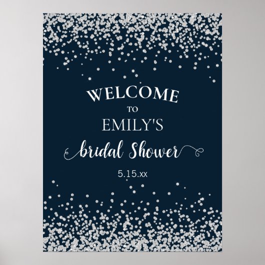Elegantes Navy Blue Silver Confetti Brautparty Poster (Vorne)