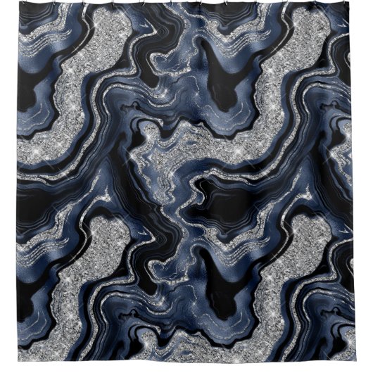 Elegantes Navy Blue & Silver Glitzer Agate Pattern Duschvorhang (Vorderseite)
