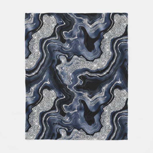 Elegantes Navy Blue & Silver Glitzer Agate Pattern Fleecedecke (Vorderseite)