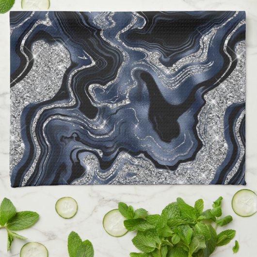 Elegantes Navy Blue & Silver Glitzer Agate Pattern Geschirrtuch (Gefaltet)