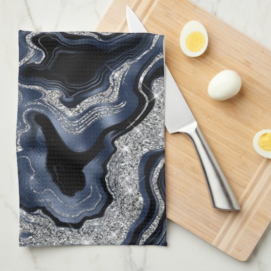 Elegantes Navy Blue & Silver Glitzer Agate Pattern Geschirrtuch (Viertel Falte)