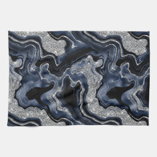 Elegantes Navy Blue & Silver Glitzer Agate Pattern Geschirrtuch