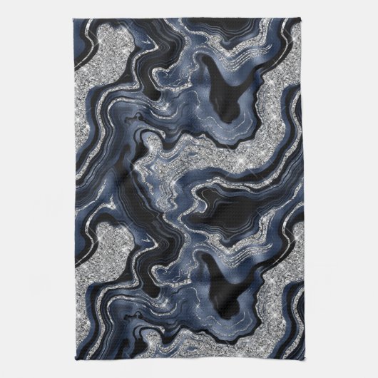 Elegantes Navy Blue & Silver Glitzer Agate Pattern Geschirrtuch (Vertikal)