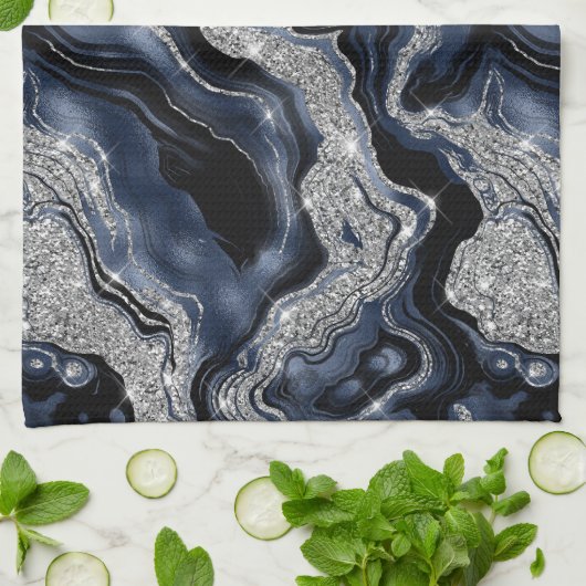 Elegantes Navy Blue & Silver Glitzer Agate Pattern Geschirrtuch (Gefaltet)
