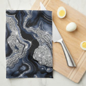 Elegantes Navy Blue & Silver Glitzer Agate Pattern Geschirrtuch (Viertel Falte)