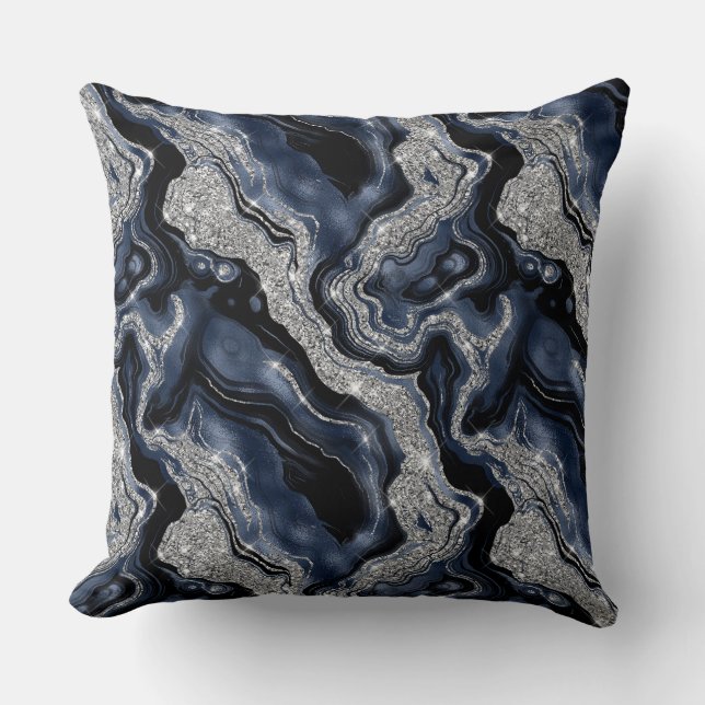 Elegantes Navy Blue & Silver Glitzer Agate Pattern Kissen (Vorderseite)