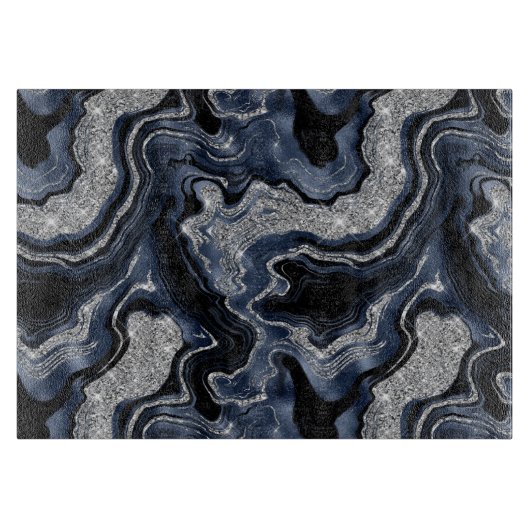 Elegantes Navy Blue & Silver Glitzer Agate Pattern Schneidebrett (Vorderseite)