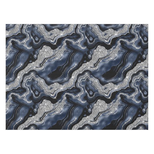 Elegantes Navy Blue & Silver Glitzer Agate Pattern Tischdecke (Vorderseite (Horizontal))