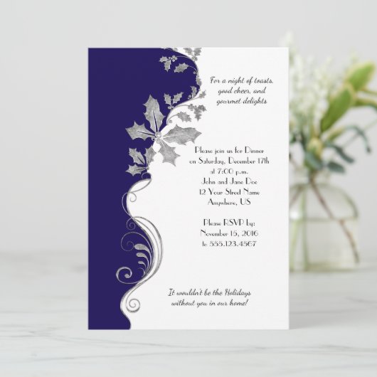 Elegantes Navy Blue Silver Holly Weihnachten Party Einladung (Stehend Vorderseite)