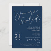 Elegantes Navy Blue & Silver Script Company Party Einladung (Vorderseite)
