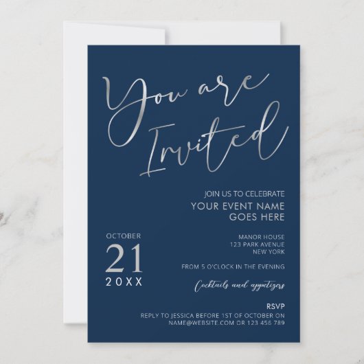 Elegantes Navy Blue & Silver Script Company Party Einladung (Vorderseite)