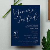 Elegantes Navy Blue & Silver Script Company Party Einladung