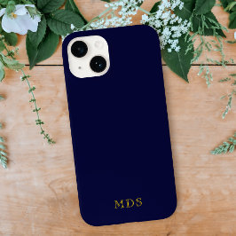 Elegantes Navy Blue Solid Color Gold Monogramm Case-Mate iPhone 14 Hülle