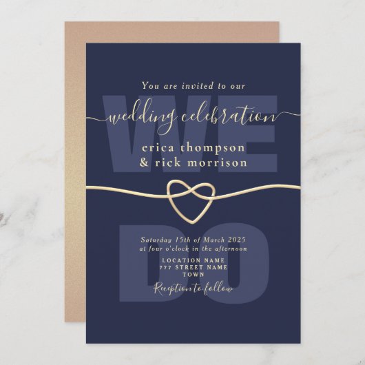 Elegantes Navy Blue und Gold, das wir Hochzeiten m Einladung (Vorne/Hinten)