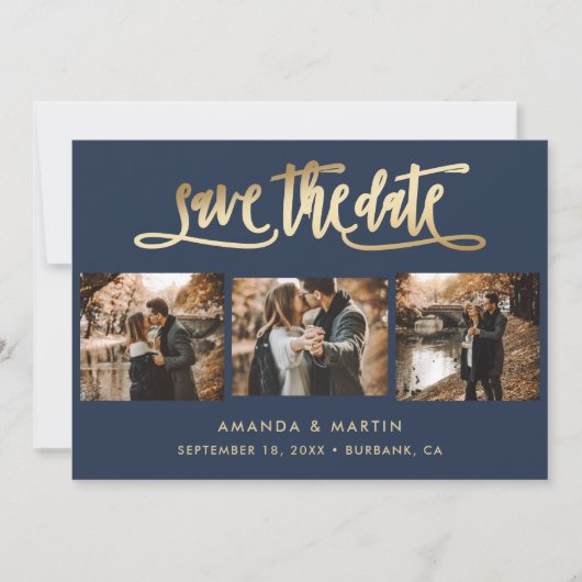 Elegantes Navy Blue und Gold Wedding 3 Foto Save The Date (Vorderseite)