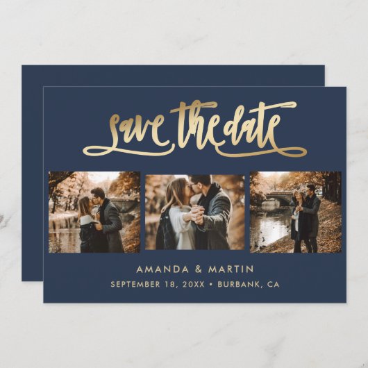 Elegantes Navy Blue und Gold Wedding 3 Foto Save The Date (Vorne/Hinten)