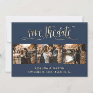 Elegantes Navy Blue und Gold Wedding 3 Foto Save The Date