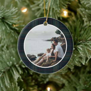 Elegantes Navy Blue und Green Kariertes Foto Weihn Keramik Ornament