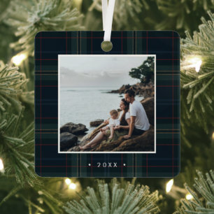 Elegantes Navy Blue und Green Kariertes Foto Weihn Ornament Aus Metall