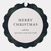 Elegantes Navy Blue und Green Kariertes Foto Weihn Ornament Karte (Rückseite)