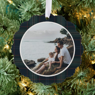 Elegantes Navy Blue und Green Kariertes Foto Weihn Ornament Karte