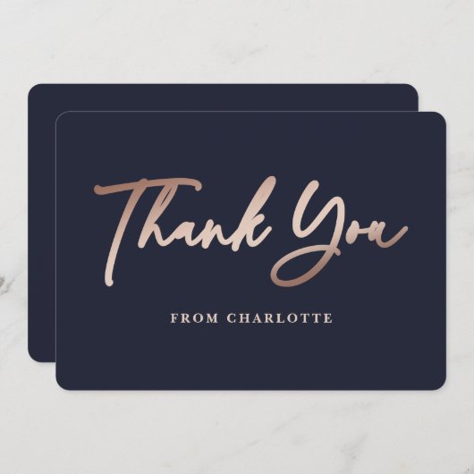 Elegantes Navy Blue und Rose Gold Dankeskarte (Vorne/Hinten)