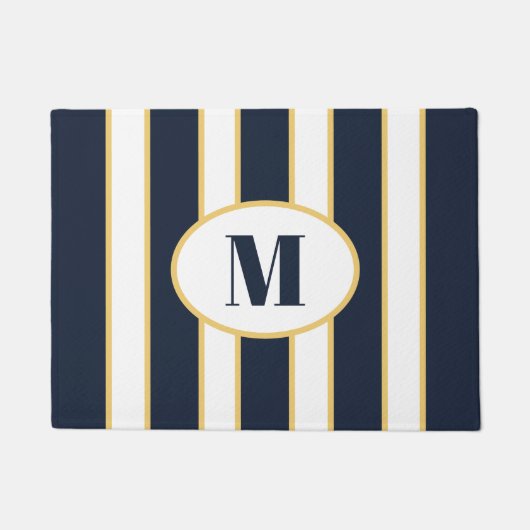 Elegantes Navy Blue und White Striping Monogramm Fußmatte (Vorderseite)