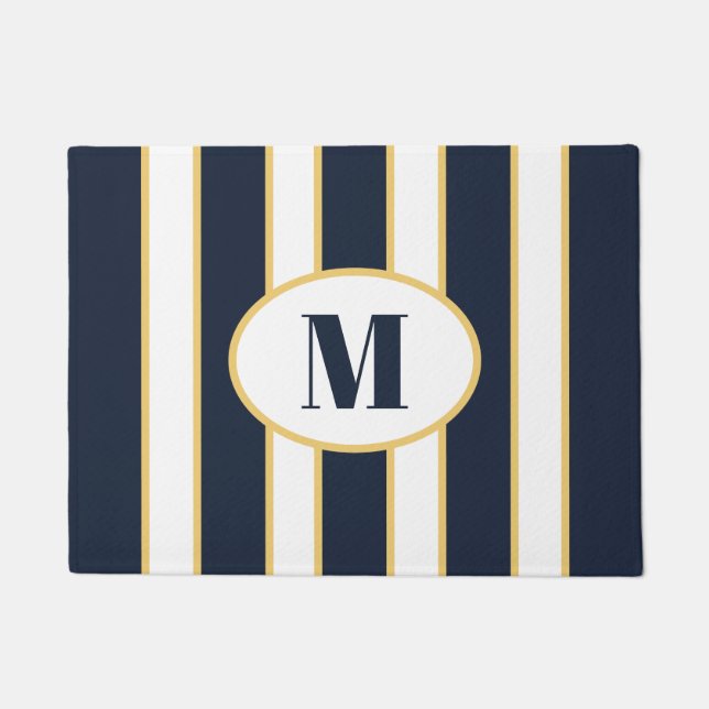 Elegantes Navy Blue und White Striping Monogramm Fußmatte (Vorderseite)