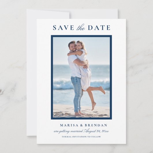 Elegantes Navy Blue Wedding Foto Save The Date (Vorderseite)