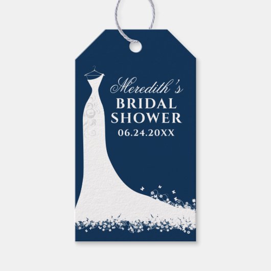 Elegantes Navy Blue Wedding Gown Brautparty Geschenkanhänger (Vorderseite)
