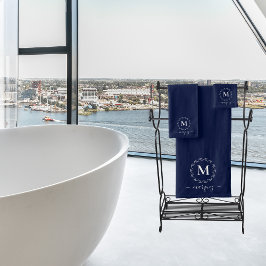 Elegantes Navy Blue White Botanical Wreath Monogra Badhandtuch Set