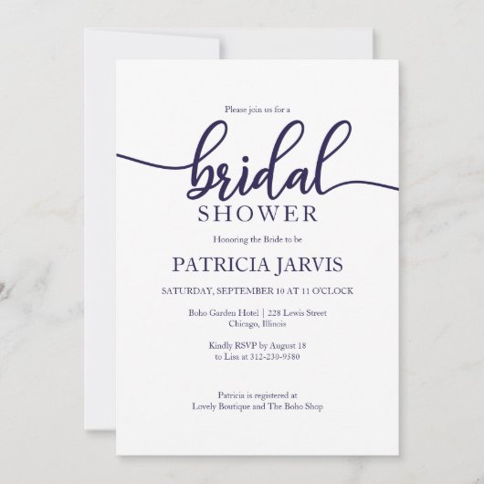 Elegantes Navy Blue White Calligraphy Brautparty Einladung (Vorderseite)