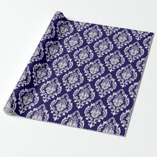 Elegantes Navy Blue White Damask Muster Luxus Geschenkpapier