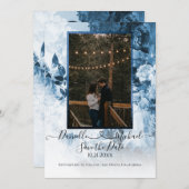 Elegantes Navy Blue White Floral Script Heart Foto Save The Date (Vorne/Hinten)