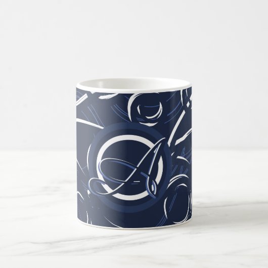Elegantes Navy Blue & White Mit Monogramm Pattern Kaffeetasse (Mittel)