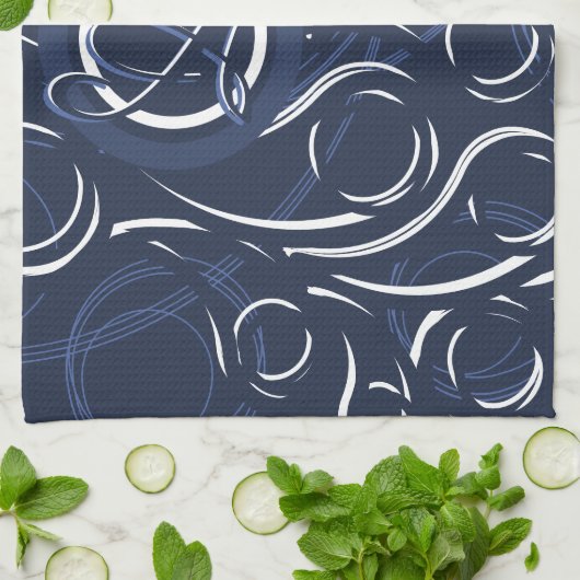 Elegantes Navy Blue & White Modern Monogram Muster Geschirrtuch (Gefaltet)