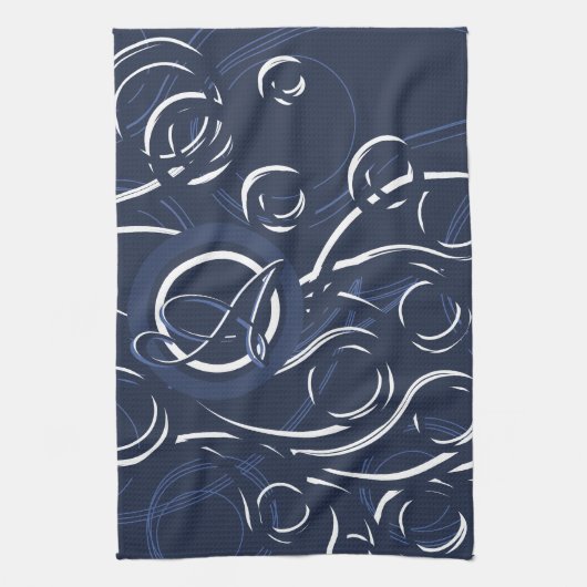 Elegantes Navy Blue & White Modern Monogram Muster Geschirrtuch (Vertikal)