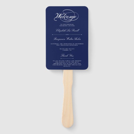 Elegantes Navy Blue & White Script Hochzeitsprogra Fächer (Vorderseite)
