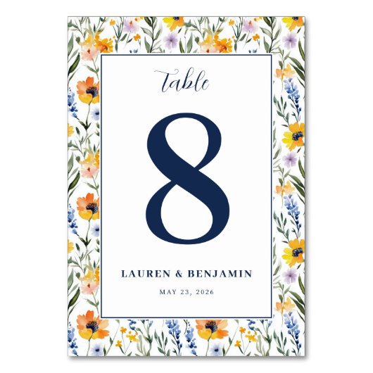 Elegantes Navy-Blumenmuster Tischnummer (Vorderseite)