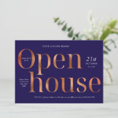 Elegantes Navy & Bronze Gold Business Open House Einladung (Stehend Vorderseite)