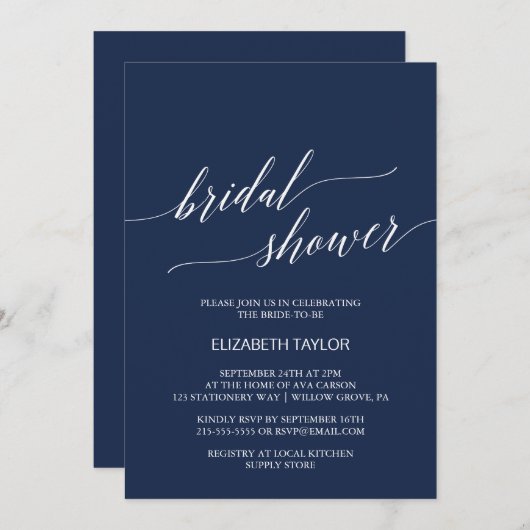 Elegantes Navy-Calligrafy-Brautparty Einladung (Vorne/Hinten)