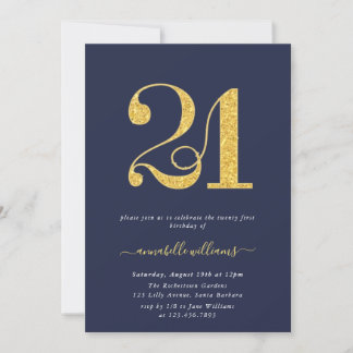 Elegantes Navy & Gold 21. Geburtstag Party Einladung