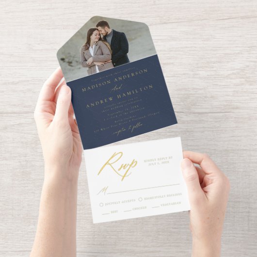 Elegantes Navy-Gold-Foil-Kalligrafie-Foto Hochzeit All-in-One-Einladung (Abreißstreifen)