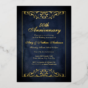 Elegantes Navy-Gold-Jubiläum zur 50. Hochzeit  Folieneinladung